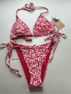 Women's Red Floral Tie-Side Bikini Set - Classic Triangle Top